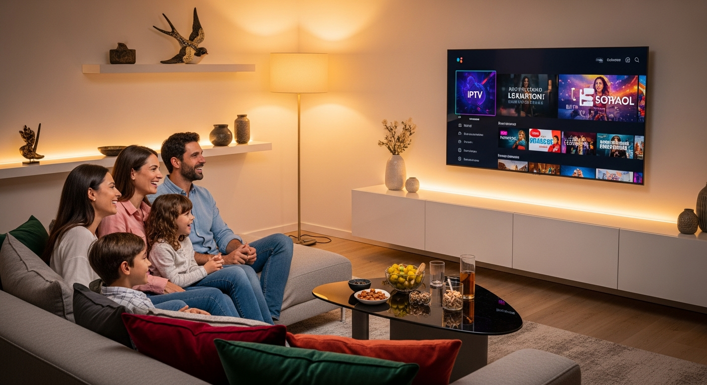 Melhor IPTV em Portugal 2026 - Família a desfrutar de streaming na Smart TV em qualidade 4K